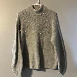 Maurices Gray Cowl Neck Sweater with Pearl Embellishments Size Med